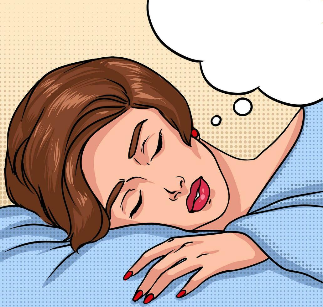Sleeping girl. Portrait of beautiful brunette woman and speech bubble for text. Colorful comics vector illustration in pop art style.