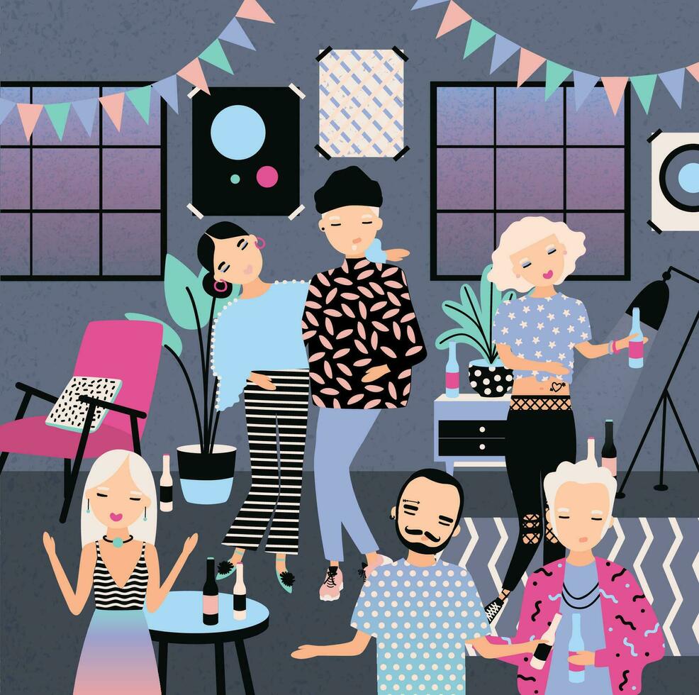 hogar fiesta con baile, Bebiendo gente. de moda joven chicos y muchachas en brillante ropa. vistoso vector ilustración en dibujos animados estilo.