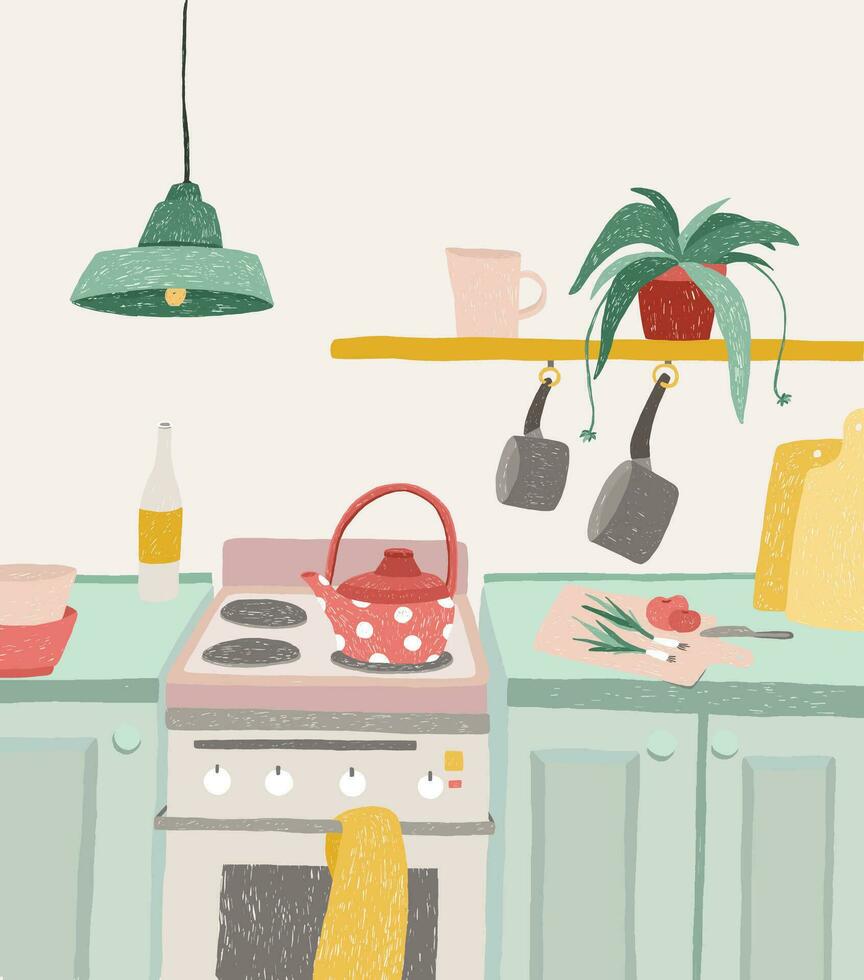 mano dibujado hogar Cocinando en dibujos animados estilo. vistoso garabatear cocina interior con batería de cocina, pava, horno, cocina, utensilios vector ilustración.