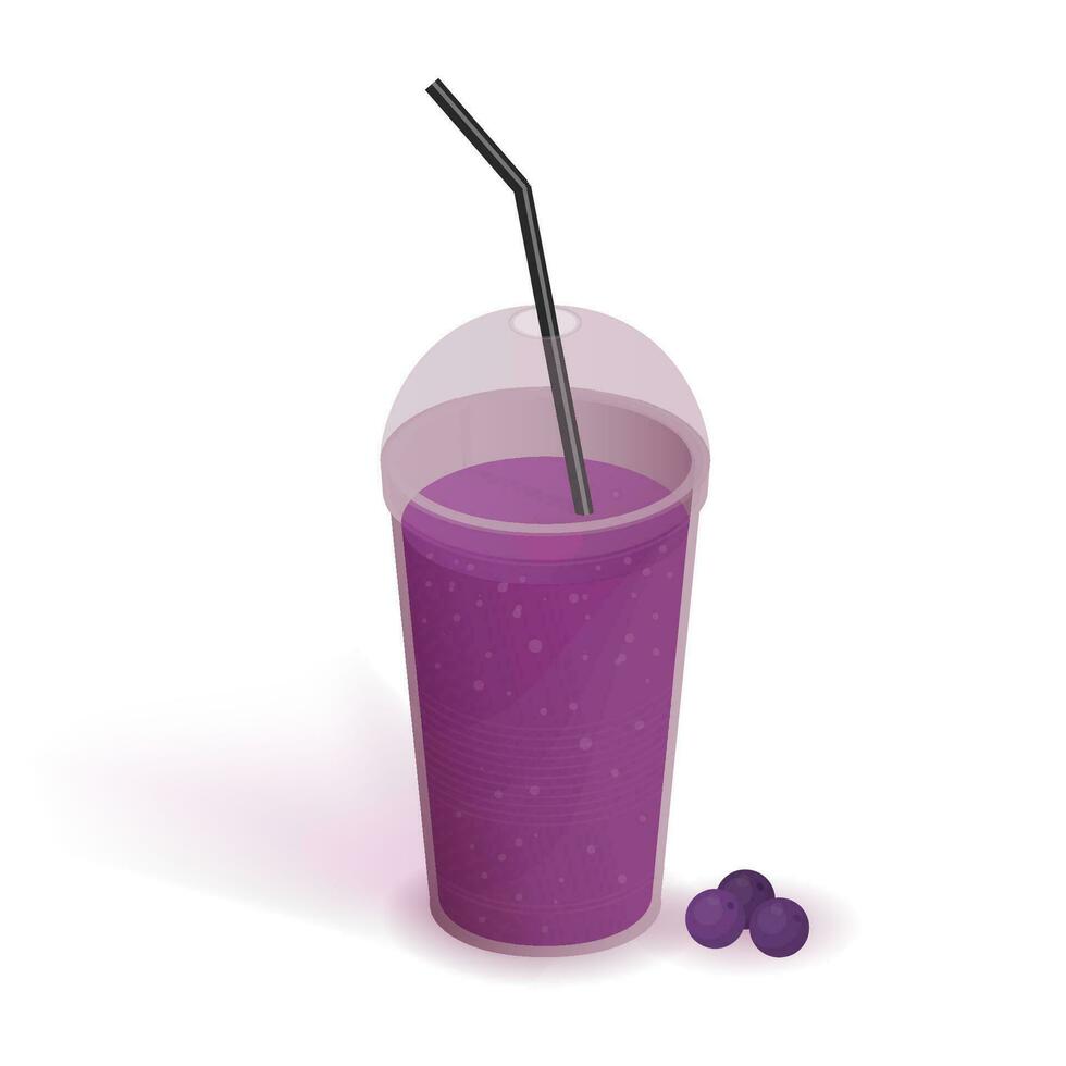 Drink in transparent plastic cup with lid and straw. Smoothie with bilberry. Beverage, realistic vector illustration on white background.