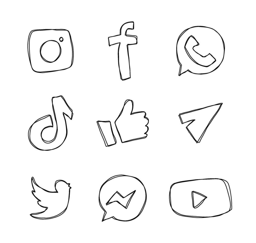 Social media icons on white background.  Logos in doodle style. vector