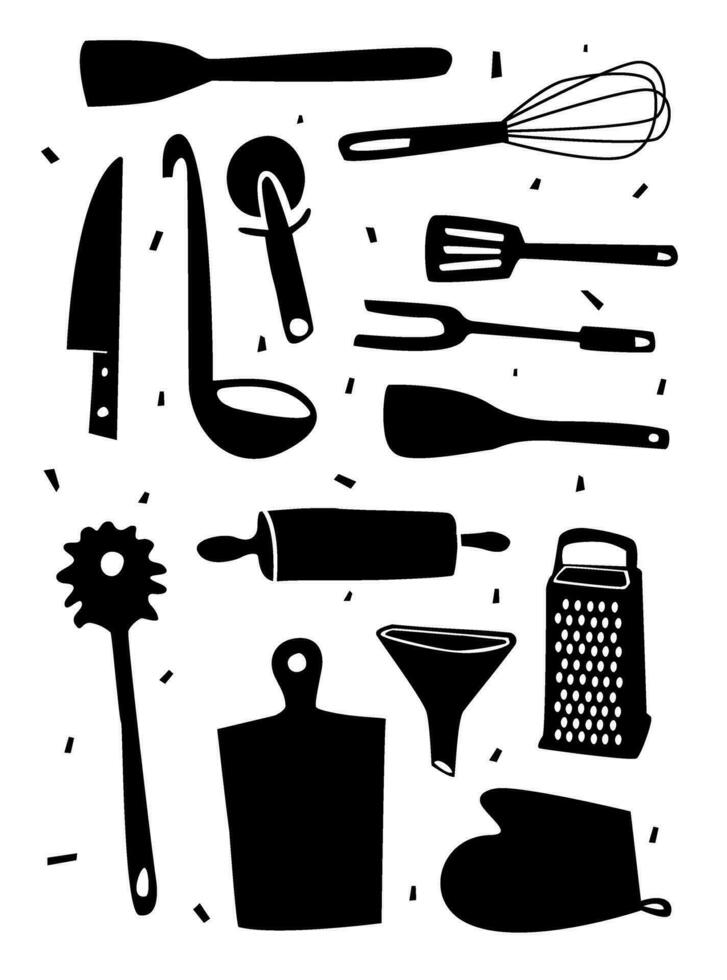 cocina equipo colección en silueta. Cocinando utensilio bosquejo estilo. cuchillería herramienta conjunto . vector