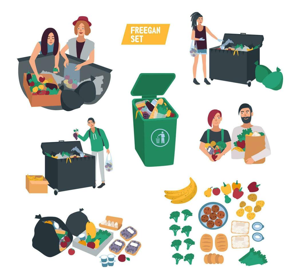 freeganism set. freegan people search food in dumpster, trash bin, garbage can. cartoon vector illustrations collection.