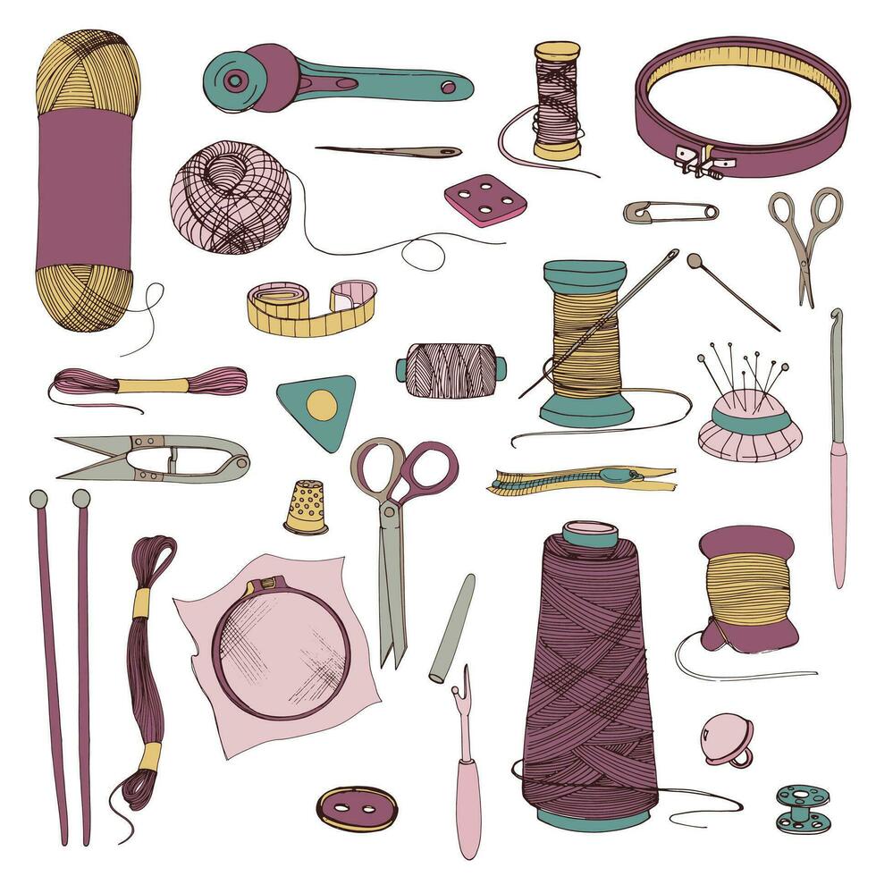 Knitting and sewing accessories. Hand drawn colorful illustrations set. vector