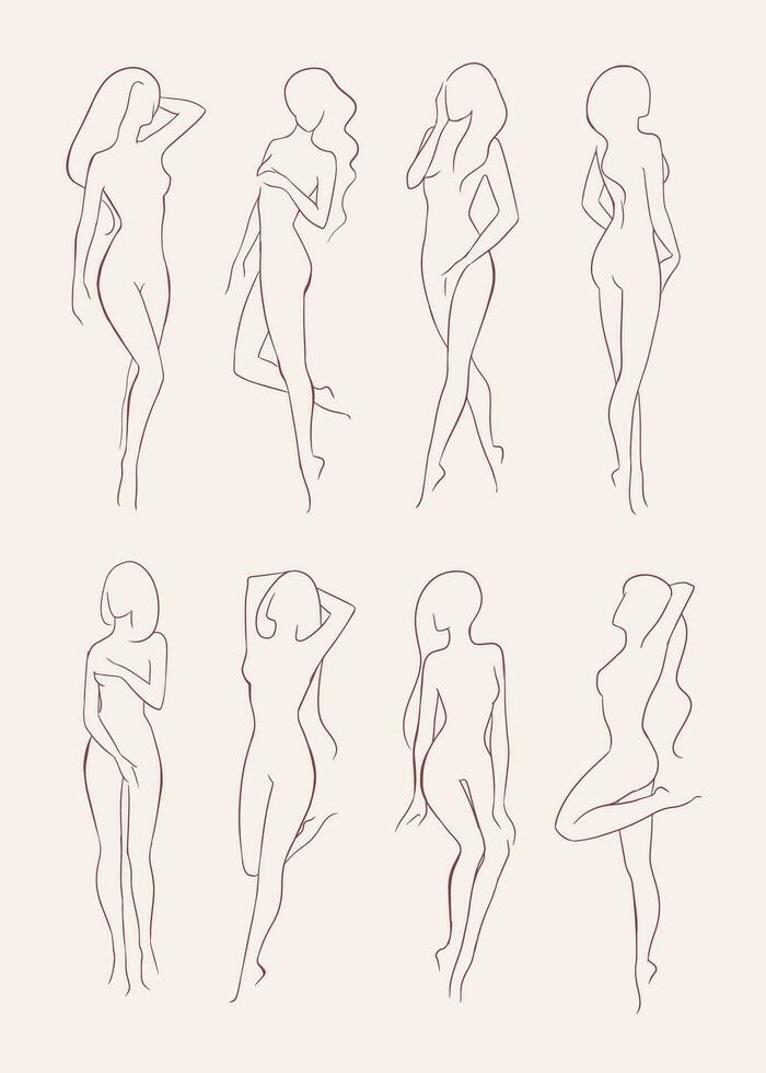 Set of various nude woman silhouette. Beautiful long-haired girl in different poses. Hand drawn vector illustration collection.