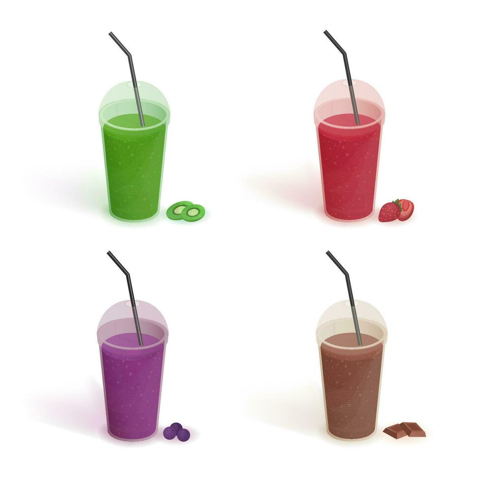 Set of different drinks in plastic cup with lid and straws. Smoothies with blueberries, strawberries, kiwi, chocolate. Vector colorful collection on white background in flat style.