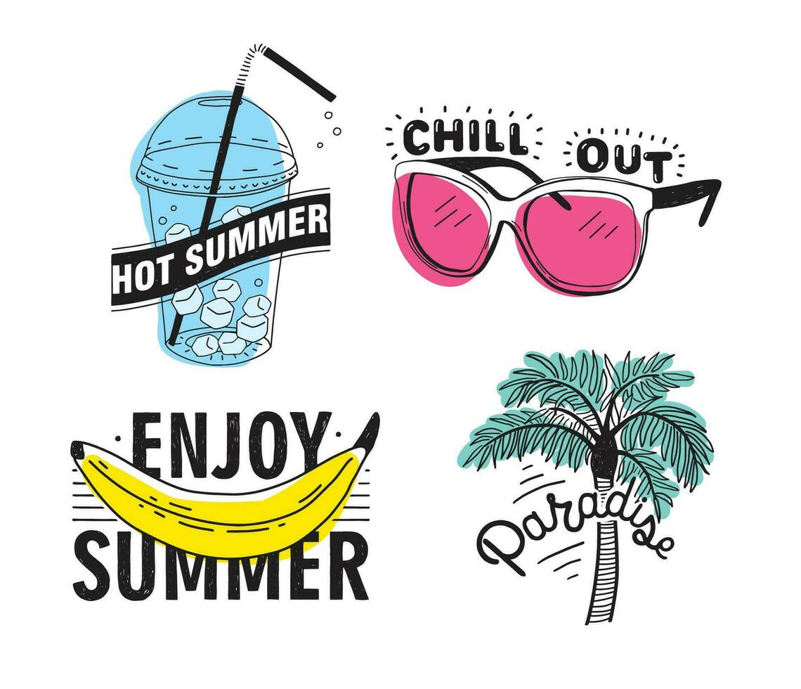Vector set of hand drawn lettering with inscriptions Enjoy summer, paradise, hot summer, chill out. Typographic collection with illustrations of palm, sunglasses, beverage with ice, banana.