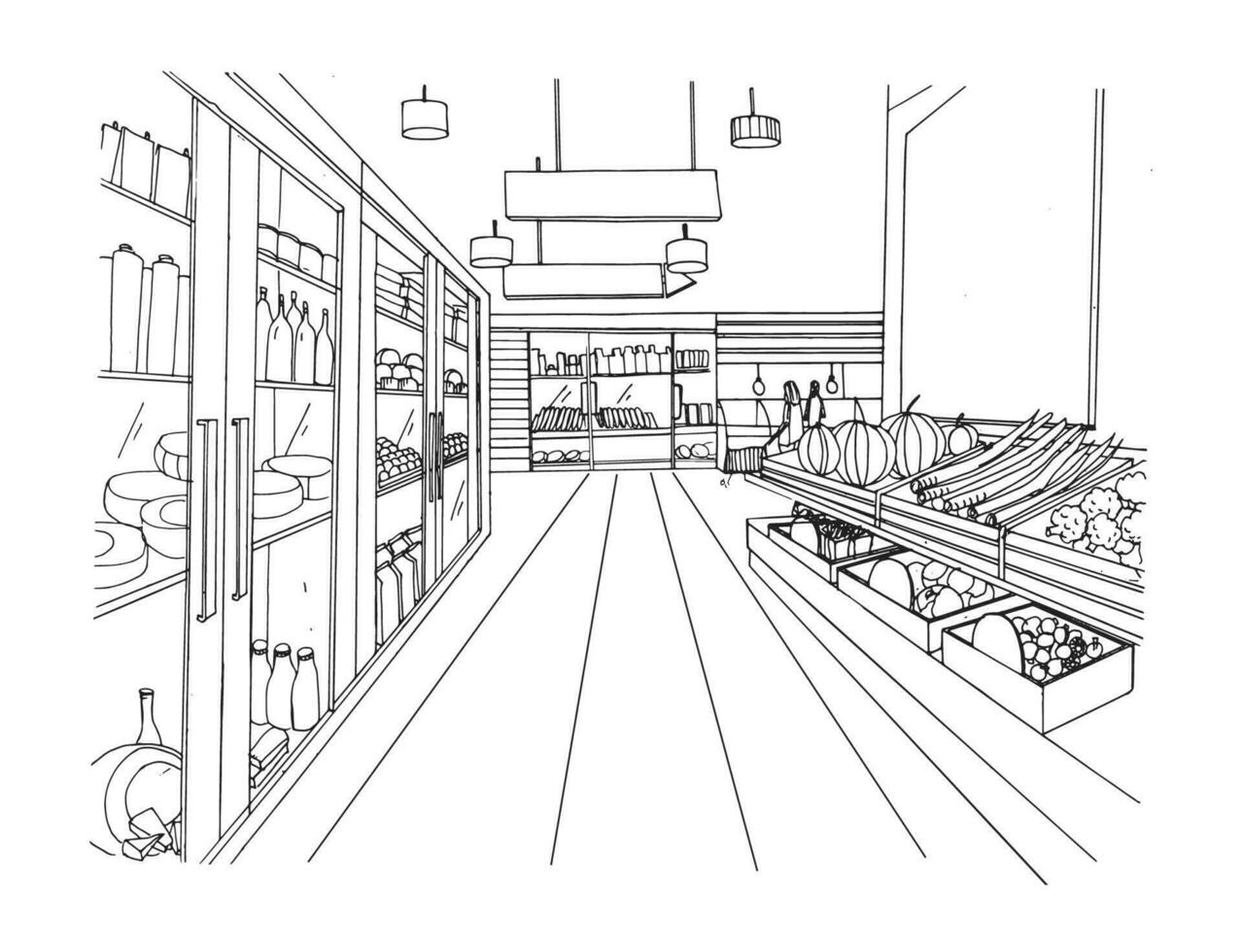 Supermarket interior hand drawn black and white illustration. Grocery store. vector