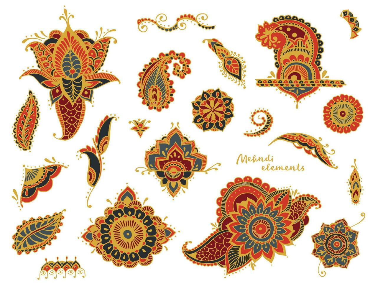 Set of hand drawn different mehndi elements. Stylized flowers, leaves, indian paisley collection. Black and white ethnic illustration. vector