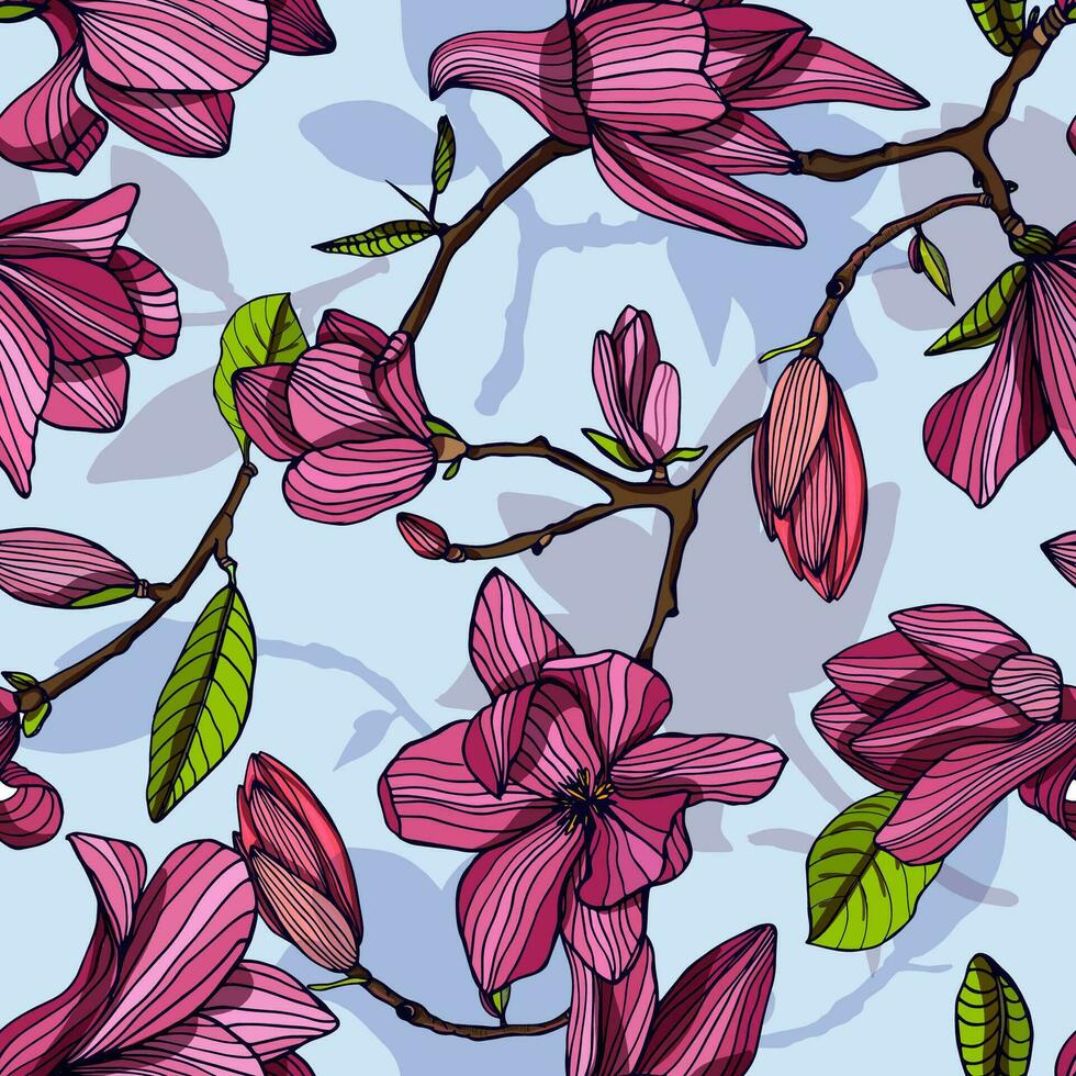floración magnolia, rosado color. mano dibujado vistoso sin costura modelo con floreciente flores vector fondo de pantalla.