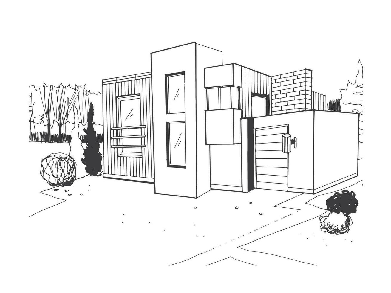 Hand drawn villa. modern private residential house. black and white sketch illustration. vector