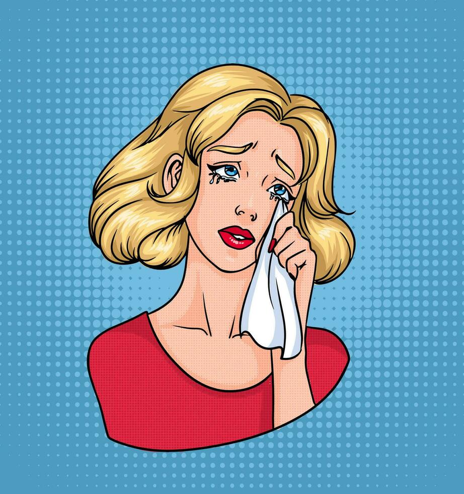 Crying woman face. Sad blonde wiping tears with handkerchief. Colorful comics vector illustration in pop art style.