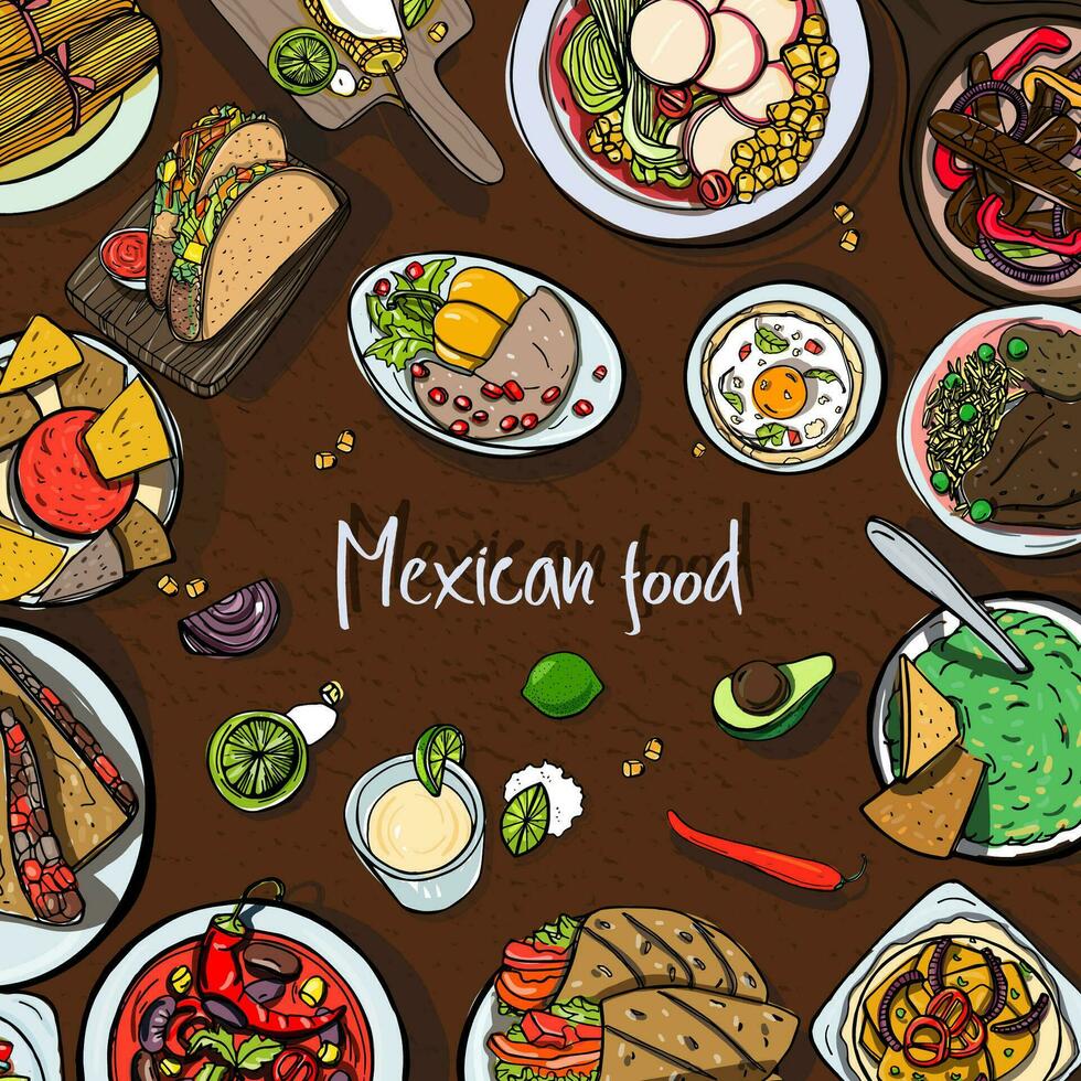 Square background with mexican food, traditional cuisine. Hand drawn colorful vector illustration with various dishes.