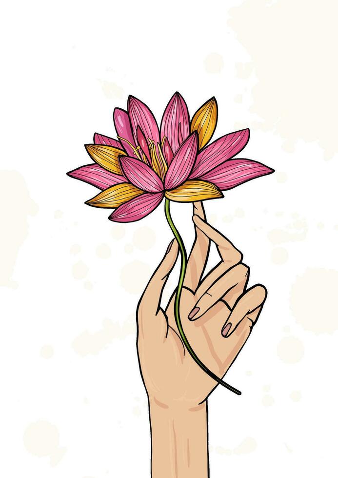 Hand holding lotus flower. Colorful hand drawn illustration. yoga, meditation, awakening symbol. vector