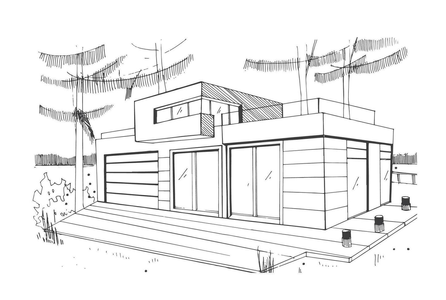 Modern private residential house. Hand drawn, contour, black and white sketch illustration. vector