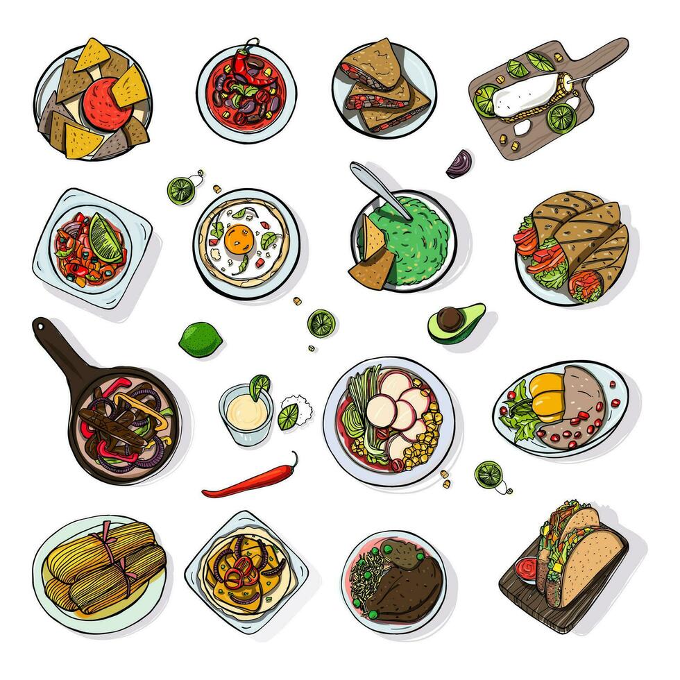 Set of mexican traditional food. Different dishes collection, spicy bean soup chili, nachos, tortilla, fachitos, quesadilla, taco, guacamole. Hand drawn sketch, colorful vector illustration.