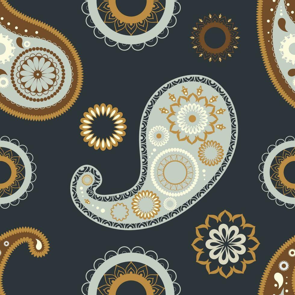 Oriental paisley seamless patterns. Floral abstract ornament on dark background. vector