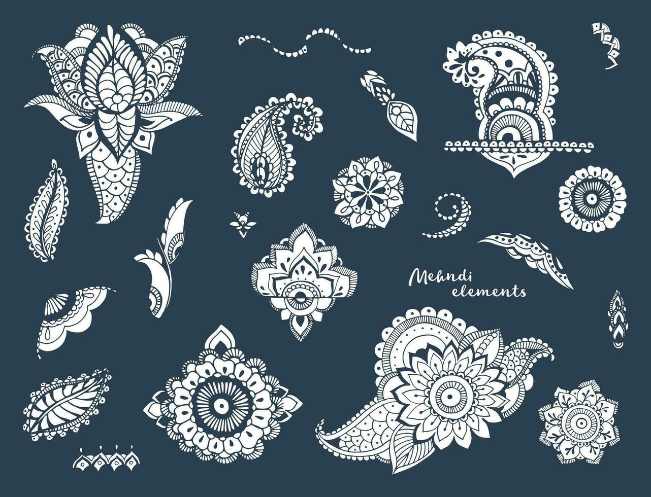 conjunto de mano dibujado diferente mehndi elementos. estilizado flores, flores, hojas, indio cachemir recopilación. monocromo étnico ilustración en un oscuro antecedentes. vector