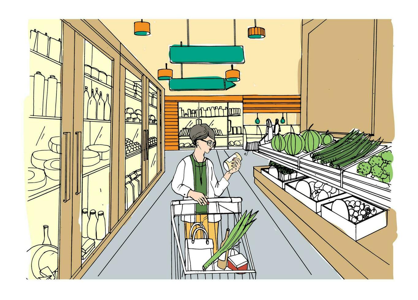 Supermarket interior with shopper girl. Grocery store, hand drawn colorful illustration. vector