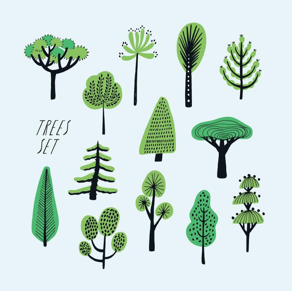 Set of cartoon doodle trees. Beautiful hand drawn childish, primitive style illustration collection. vector