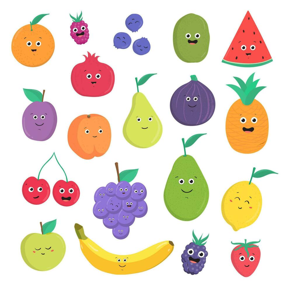 conjunto de linda frutas y bayas con sonrisas brillante vegetariano comida colección en blanco antecedentes. vistoso vector ilustración en dibujos animados estilo.