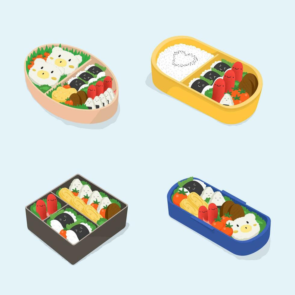 Set of different bento. Japanese lunch boxes collection. Funny cartoon food. Isometric colorful vector illustration.