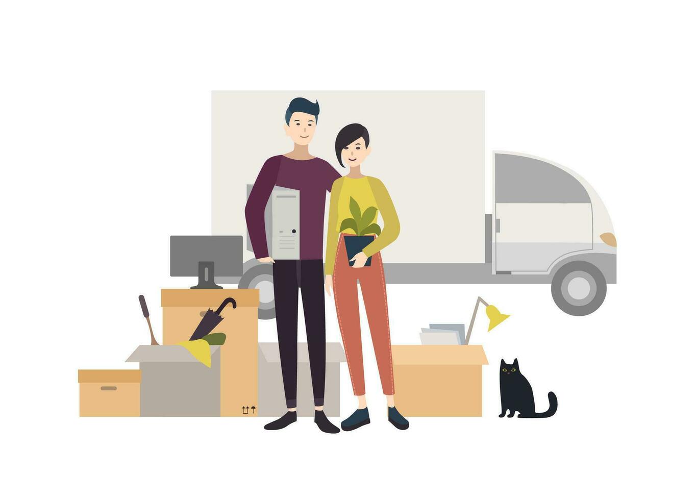 Happy young couple moving into a new house with things. Cartoon illustration in flat style. vector