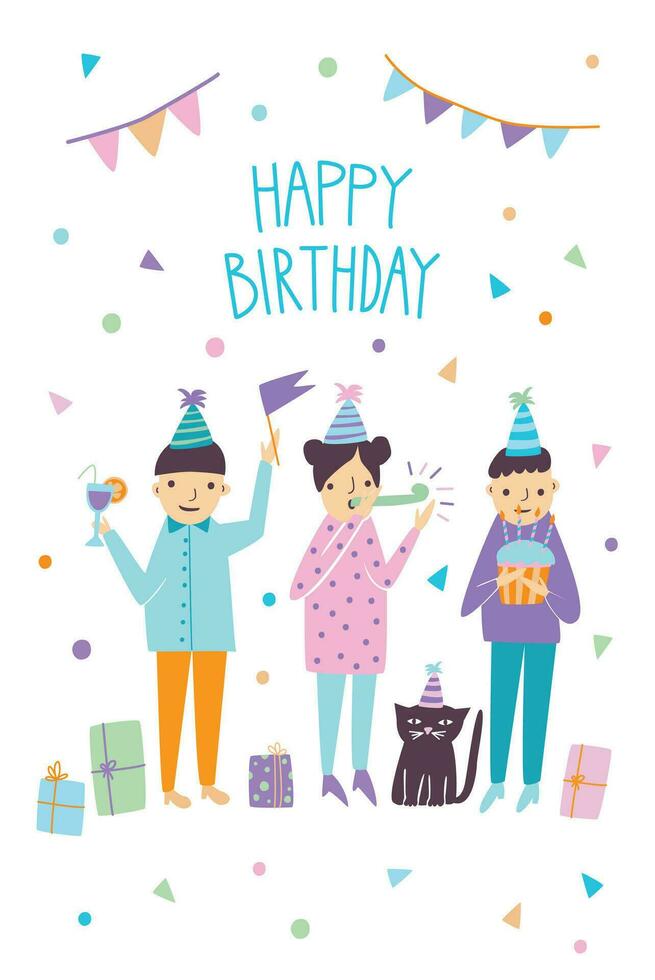 Happy birthday card with funny guests and cat . Friends greetings. Vector illustration, cartoon postcard.