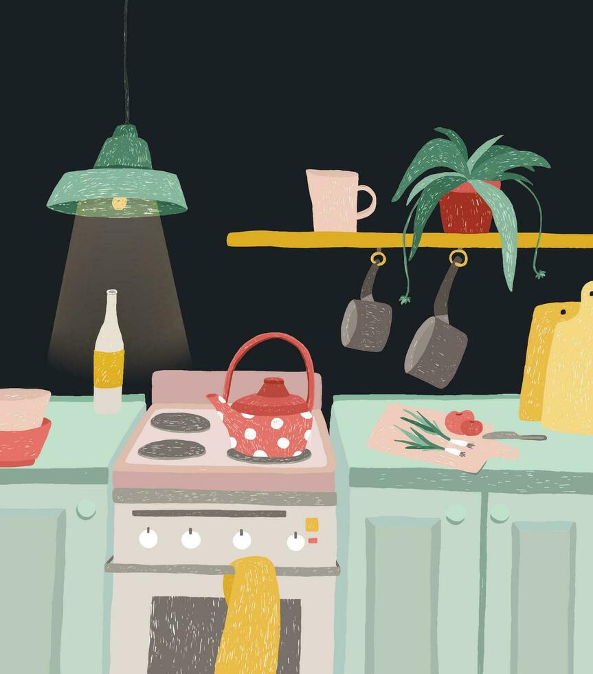 Hand drawn home cooking in cartoon style. Colorful doodle kitchen interior in evening time. Vector illustration.