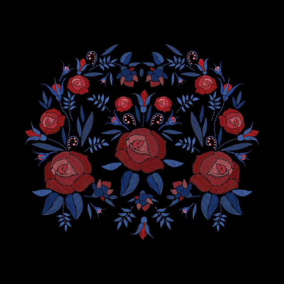 Embroidered composition of roses flowers, buds and leaves. Satin stitch embroidery floral design on black background. Folk line trendy pattern for clothes, dress, decor. vector