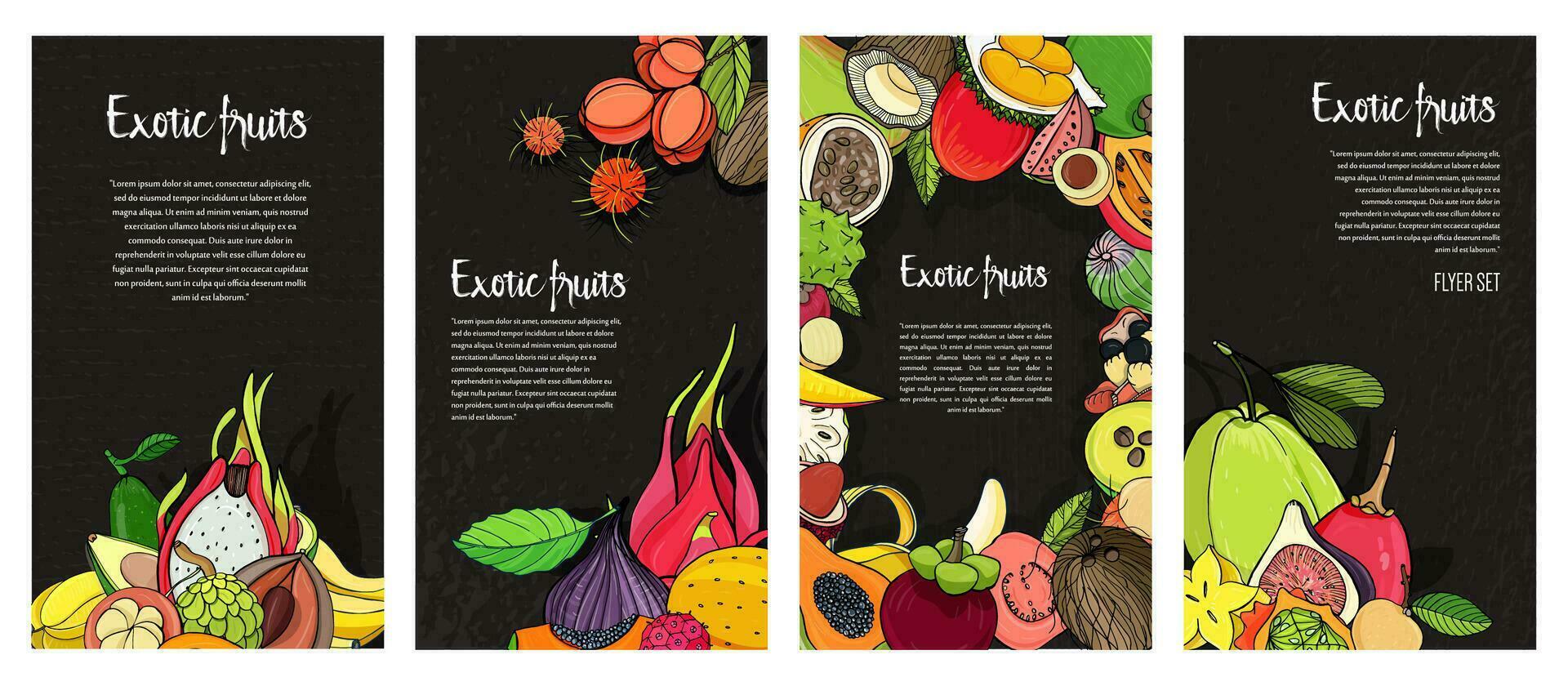 Flyer collection with exotic tropical fruits. Black vertical backgrounds with place for text. vector