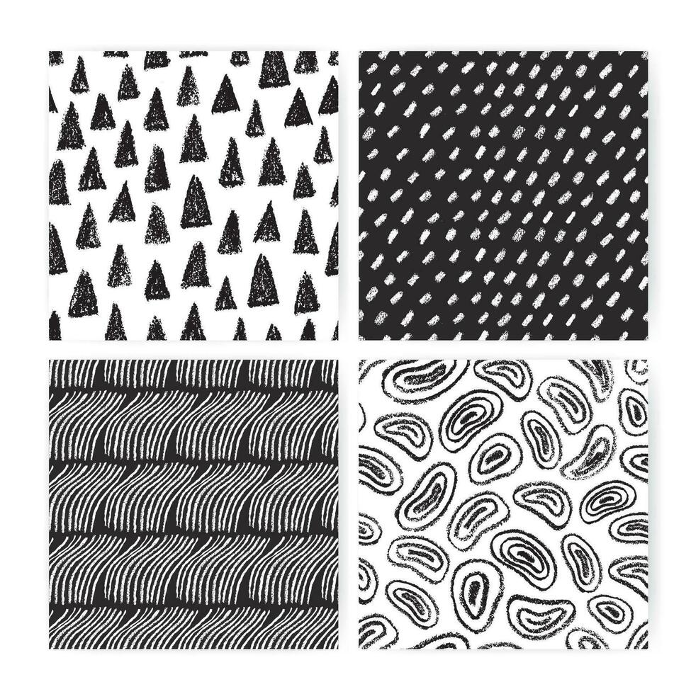 Hand drawn doodle abstract seamless pattern set. Collection of black and white backgrounds with different freehand shapes. vector