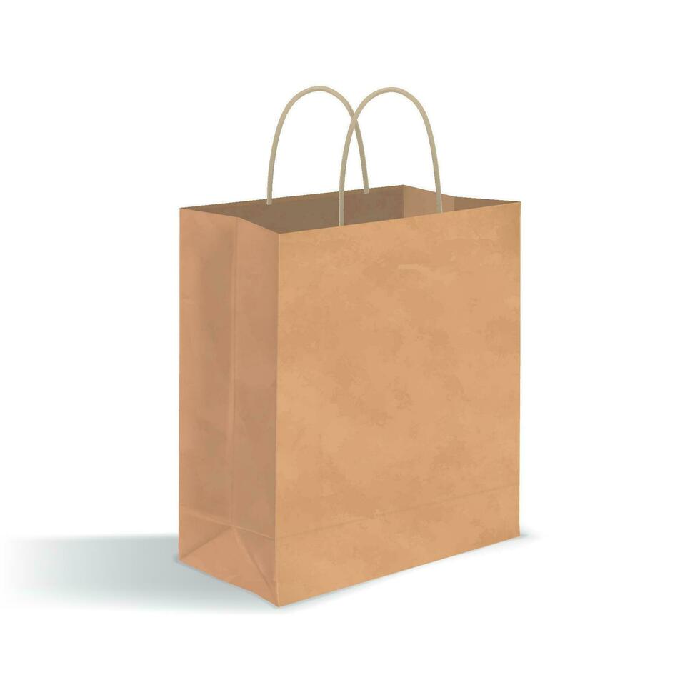 vacío marrón papel bolso con manejas. realista Kraft paquete con oscuridad aislado en blanco antecedentes. diseño modelo. vector