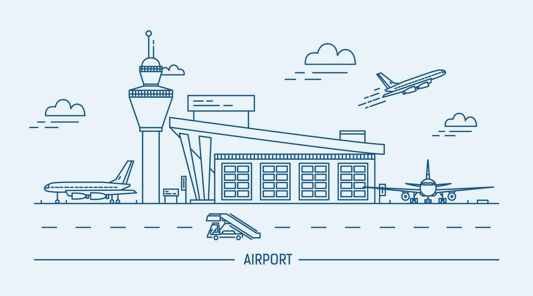 aeropuerto, aeronave. arte lineal negro y blanco vector ilustración con aire terminal y aviones