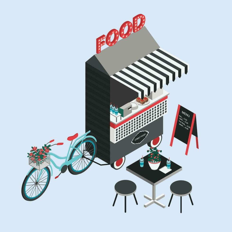 concepto de calle alimento. bicicleta quiosco, camión de comida, portátil café en ruedas isométrica ilustración con comida rápida punto de venta, mesa y sillas. parte superior vista. vistoso vector. vector