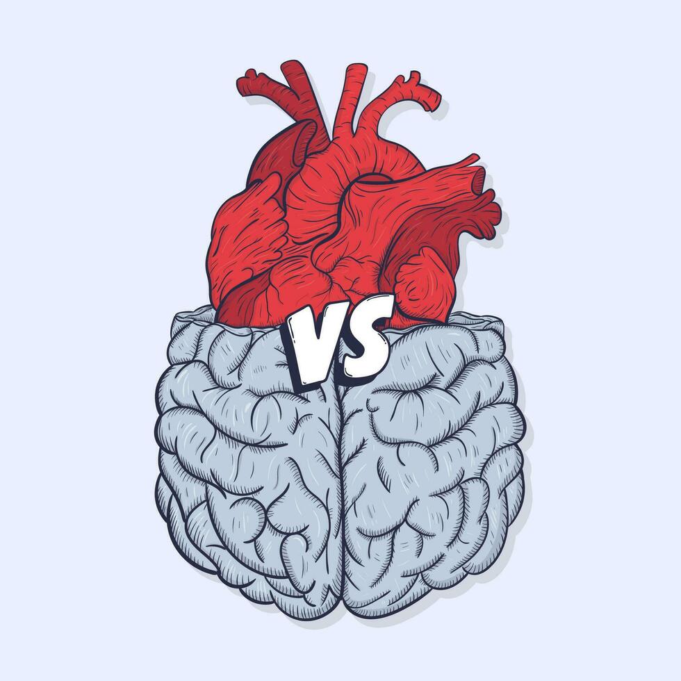 corazón vs cerebro. concepto de mente en contra amor luchar, difícil elección. mano dibujado vector ilustración.