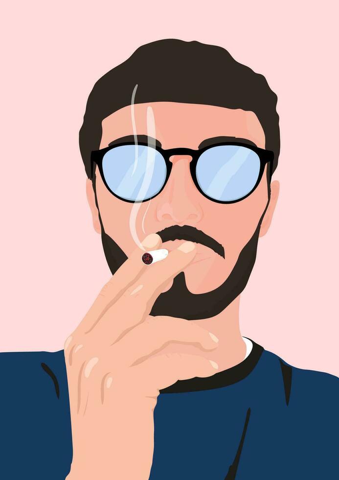 Man with a beard, mustache and glasses smoking cigarette. Vector illustration.