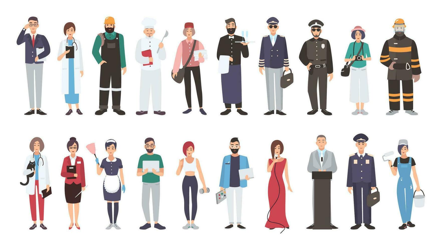 conjunto de diferente personas profesión. plano ilustración. gerente, doctor, constructor, cocinar, cartero, mesero, piloto, policía, fotógrafo, bombero, veterinario, maestro, mucama, programador y otro. vector