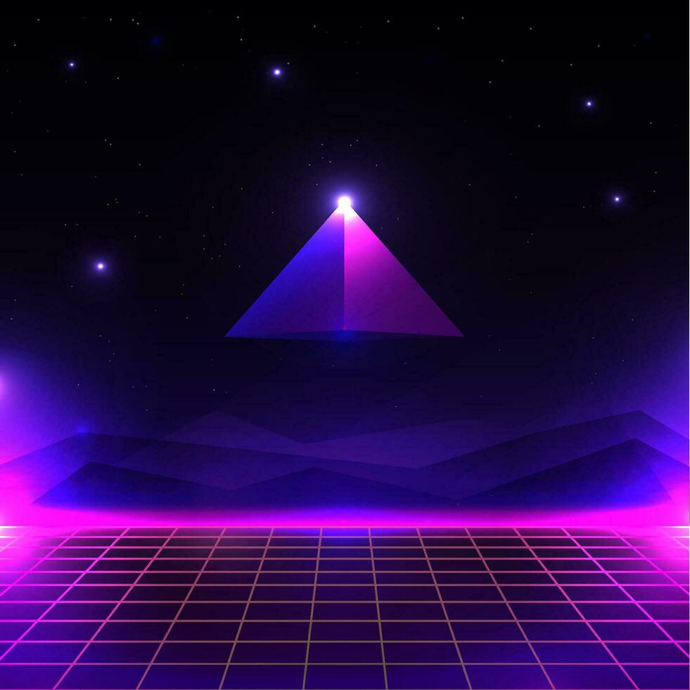 Retro futuristic landscape, glowing cyber world with grid and pyramid shape. sci-fi background 80s style. vector