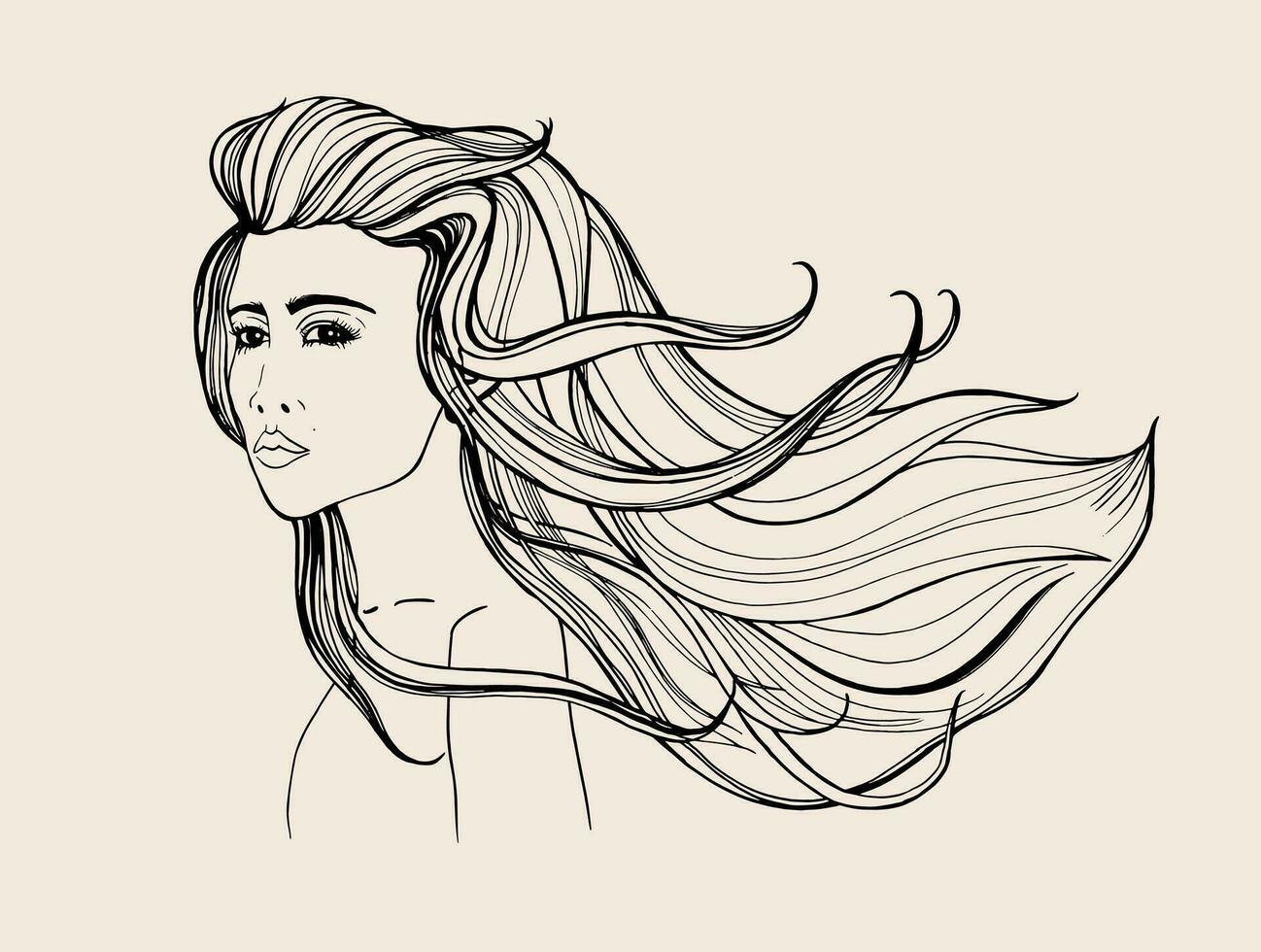 Moda retrato. hermosa niña con largo fluido cabello. contorno mano dibujado ilustración. vector