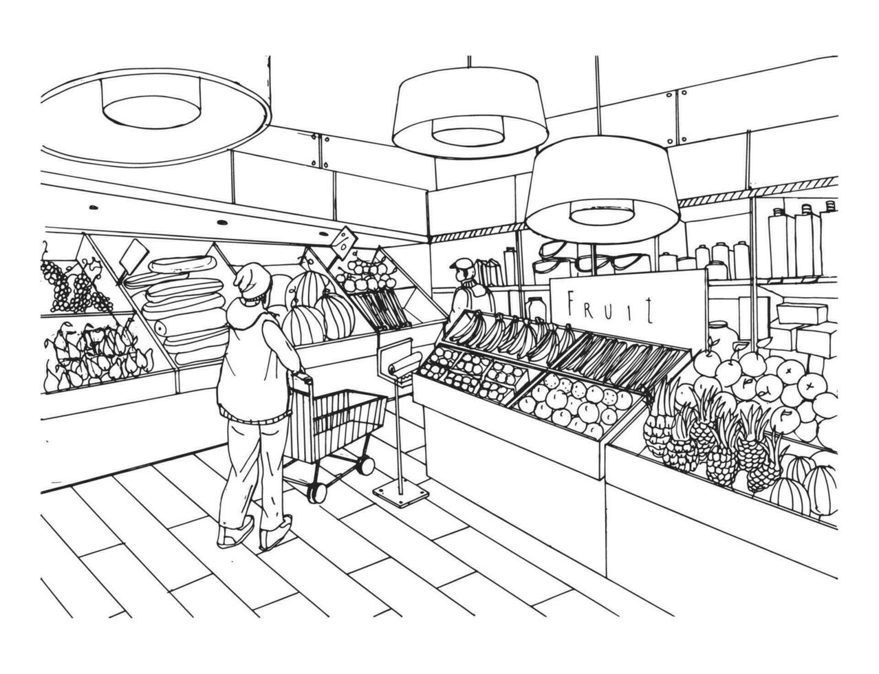 supermercado interior en mano dibujado estilo. tienda de comestibles almacenar, vegetal departamento. vector negro y blanco ilustración.