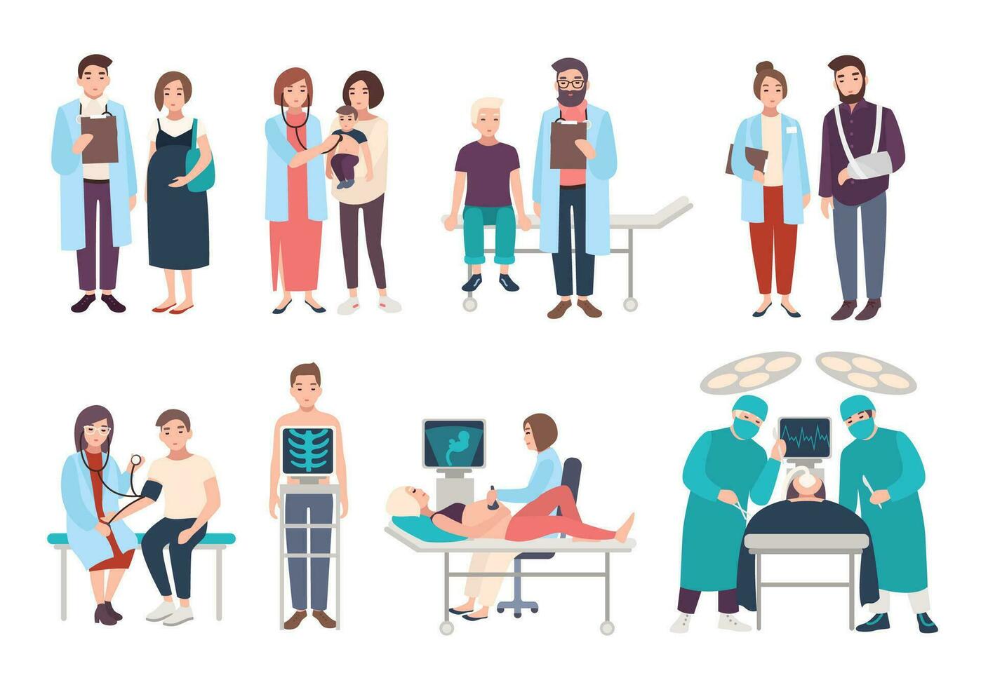 Set of doctors and patients in polyclinic, hospital. Visit to therapist, pediatrician, gynecologist, surgeon. medical services- ultrasound diagnostics, x-ray, surgery. Vector cartoon illustrations.