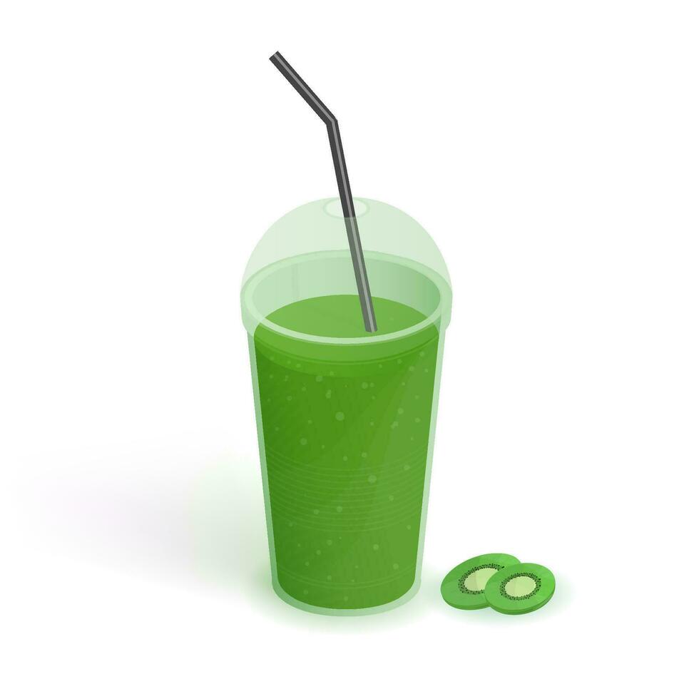 Drink in transparent plastic cup with lid and straw. Smoothie with kiwi. Beverage, realistic vector illustration on white background.