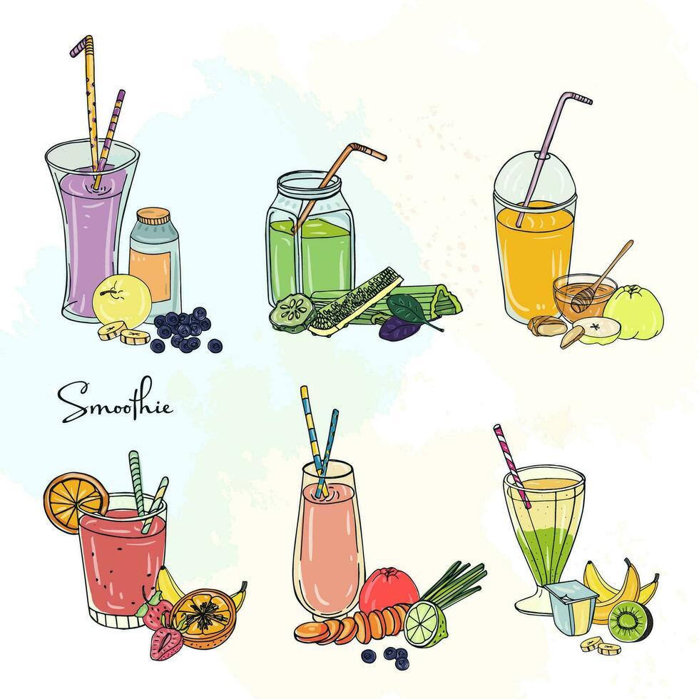 diferente zalamero colocar. colección de varios verano bebidas con frutas, bayas, vegetales. vistoso bebida en vaso lleno, tazas, bancos con paja. mano dibujado vector ilustración.