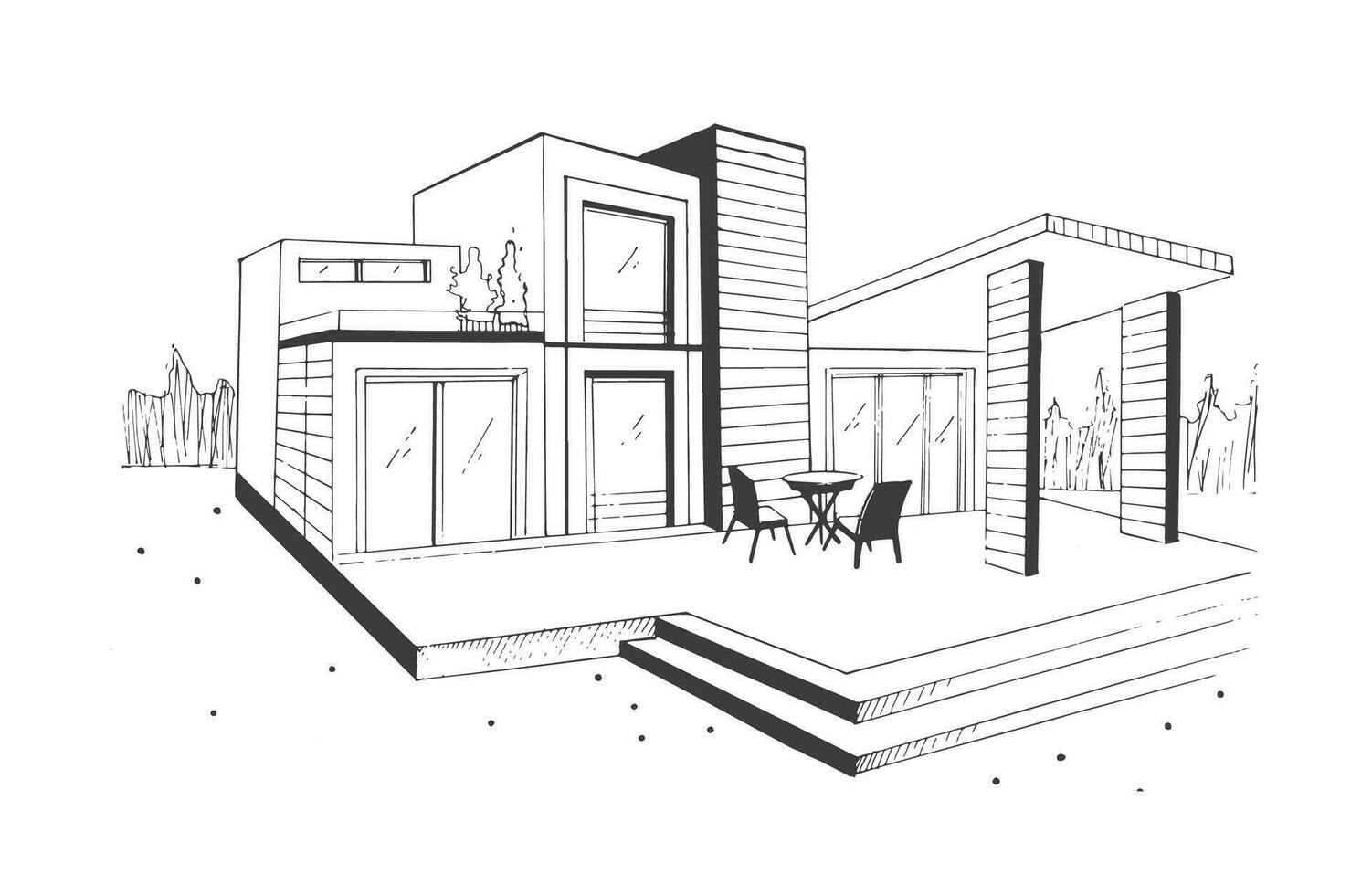 Hand drawn villa. modern private residential house. black and white sketch illustration. vector