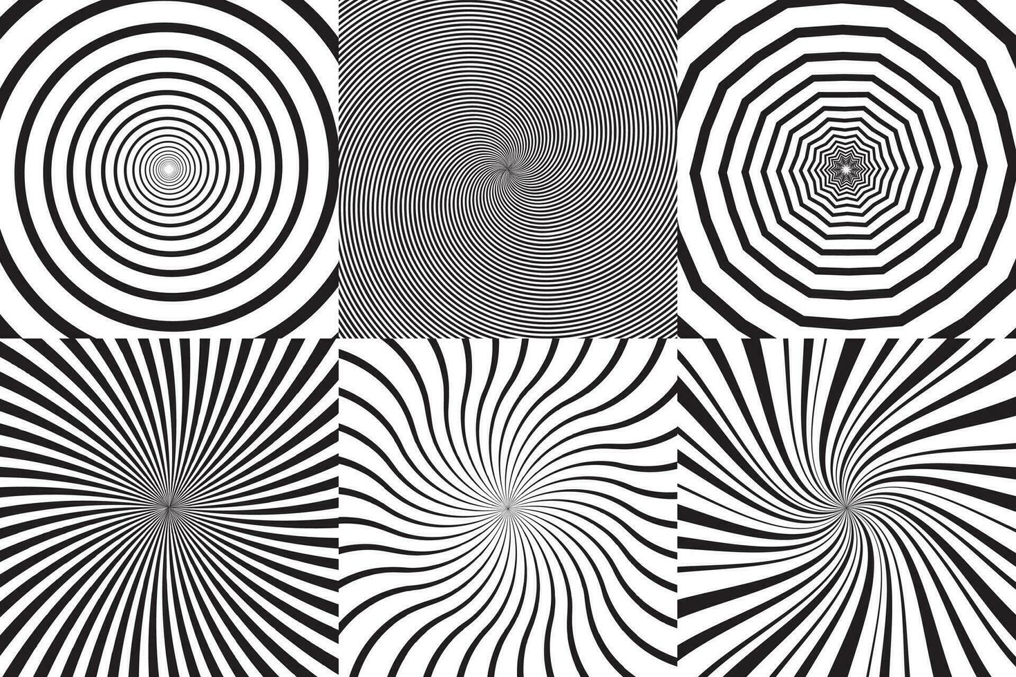 Set of different psychedelic spiral, vortex, twirl. Vector monochrome backgrounds collection.