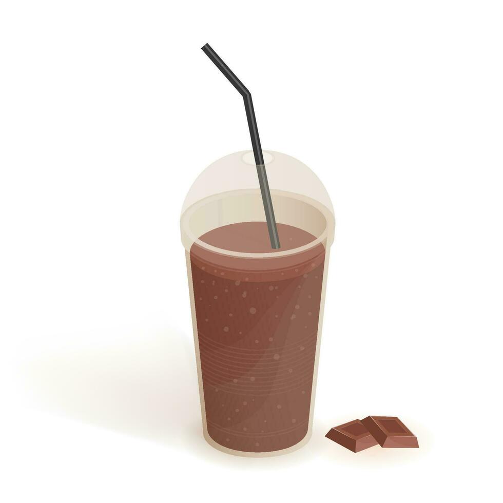 Drink in transparent plastic cup with lid and straw. Smoothie with chocolate. Beverage, realistic vector illustration on white background.