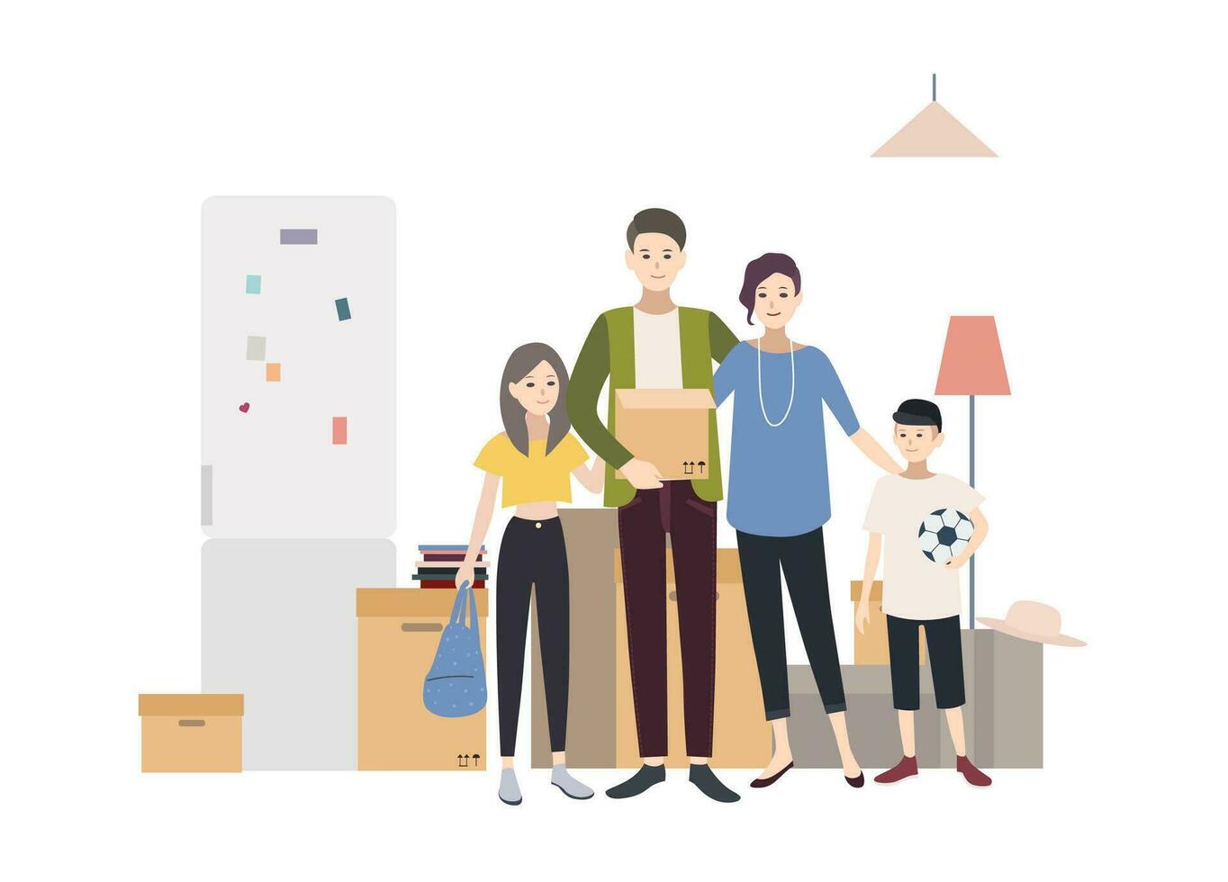 Family moving into a new house with things. Cartoon illustration in flat style. vector