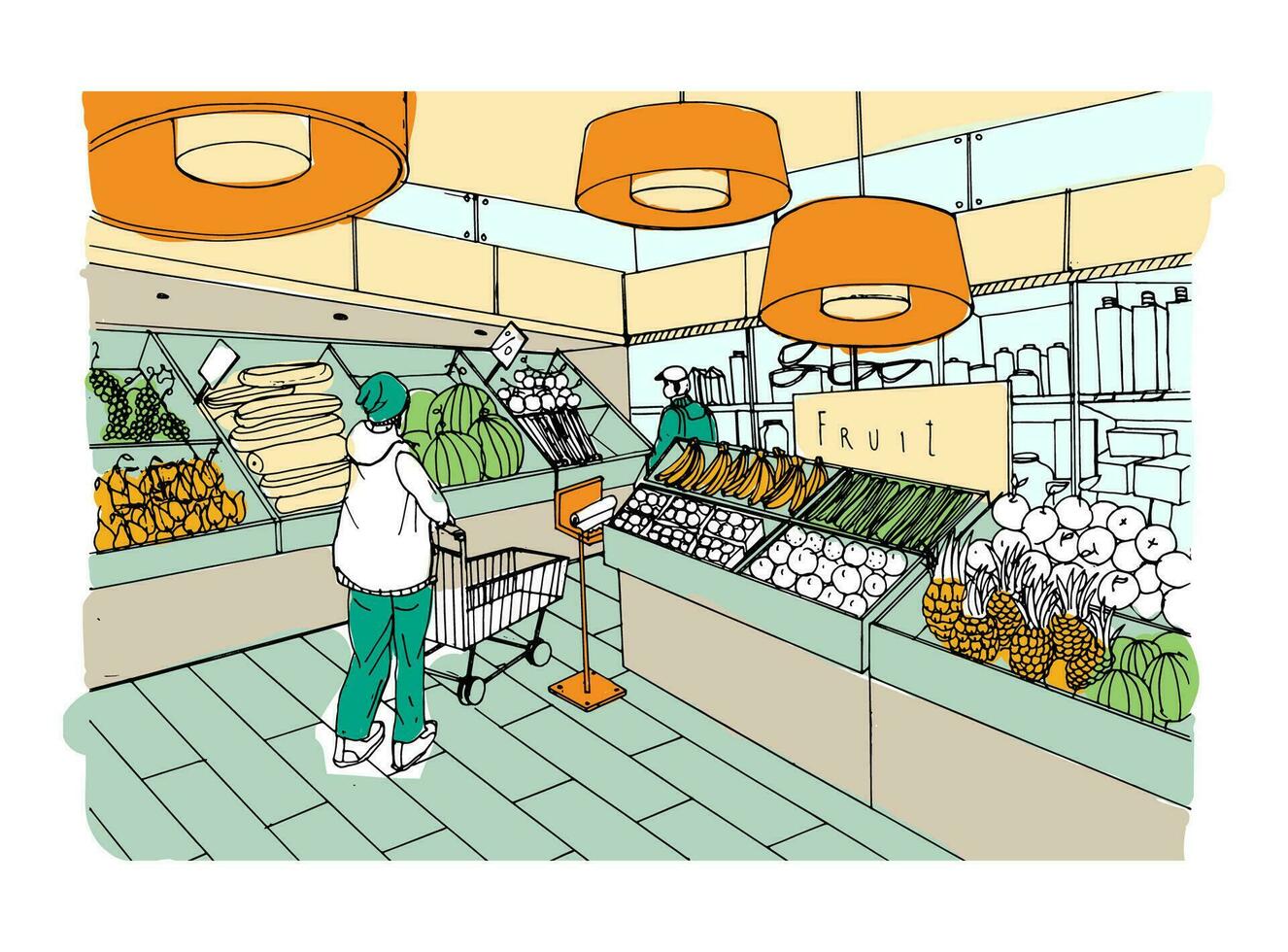 Supermarket interior hand drawn colorful illustration. Grocery store, vegetable department. vector