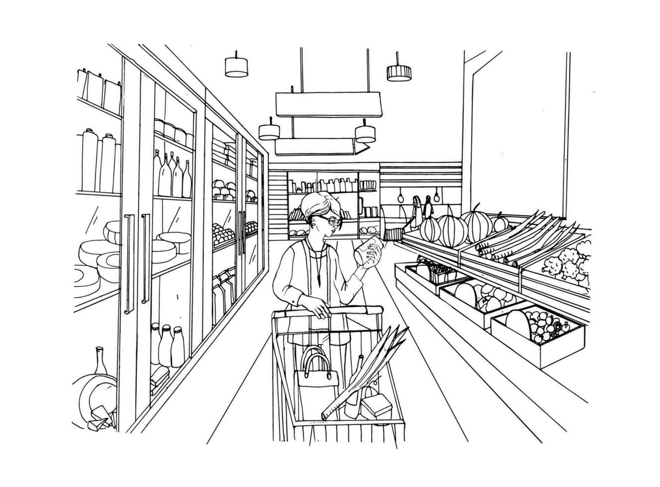 Supermarket interior with shopper girl. Grocery store, hand drawn colorful illustration. vector